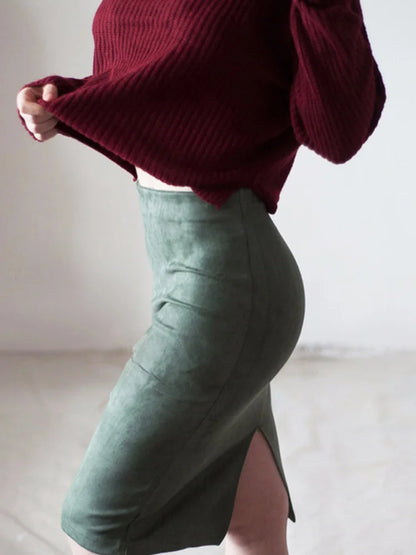 Faldas estilo imperio de moda Primavera 2025, falda lápiz de gamuza sintética, cintura alta, ajustadas, con abertura, gruesas y elásticas.