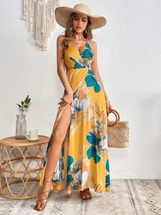 Vestidos de tirantes finos con estampado de flores a la moda para mujer, sexys, con escote en V, espalda descubierta, abertura, estilo bohemio, para vacaciones y playa.