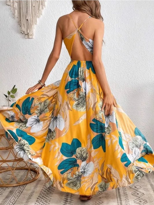 Vestidos de tirantes finos con estampado de flores a la moda para mujer, sexys, con escote en V, espalda descubierta, abertura, estilo bohemio, para vacaciones y playa.