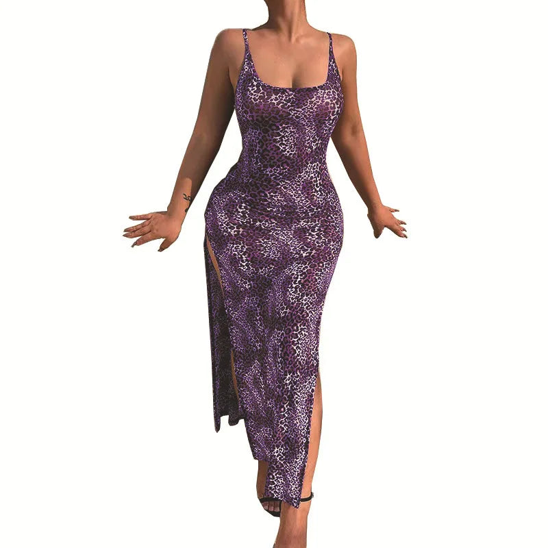 Vestidos largos ajustados con estampado de leopardo a la moda para mujer, vestidos sexis de corte bajo con espalda descubierta y abertura en la cadera, ropa de calle femenina de verano, novedad