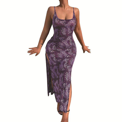 Vestidos largos ajustados con estampado de leopardo a la moda para mujer, vestidos sexis de corte bajo con espalda descubierta y abertura en la cadera, ropa de calle femenina de verano, novedad