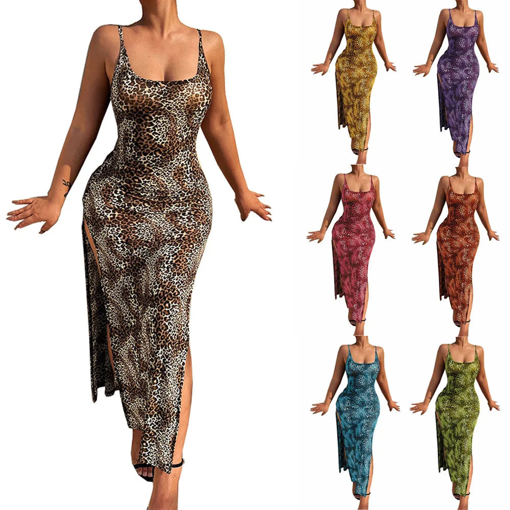 Vestidos largos ajustados con estampado de leopardo a la moda para mujer, vestidos sexis de corte bajo con espalda descubierta y abertura en la cadera, ropa de calle femenina de verano, novedad