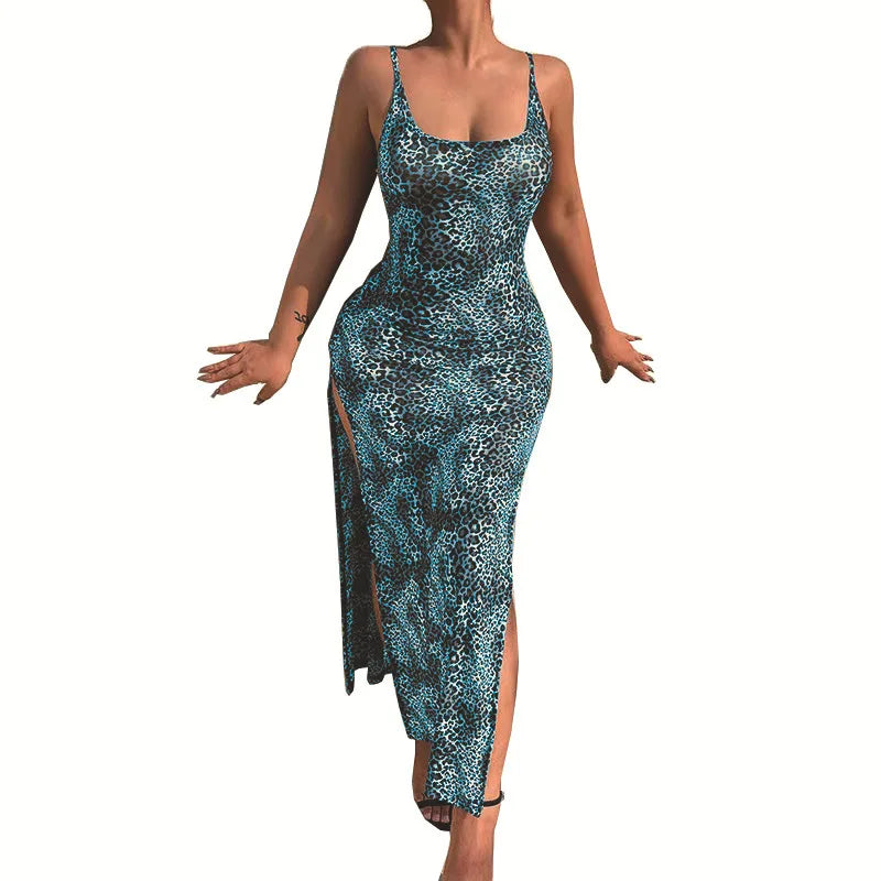 Vestidos largos ajustados con estampado de leopardo a la moda para mujer, vestidos sexis de corte bajo con espalda descubierta y abertura en la cadera, ropa de calle femenina de verano, novedad