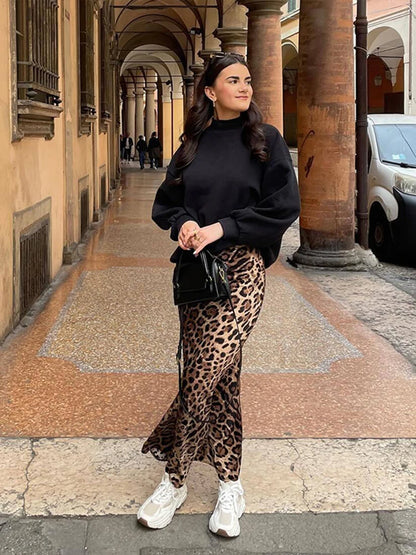 Faldas largas con estampado de leopardo para mujer, elegantes, holgadas, de cintura alta, estilo midi, informales, de verano