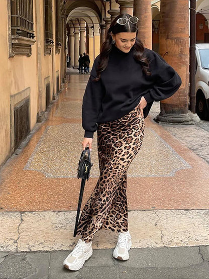 Faldas largas con estampado de leopardo para mujer, elegantes, holgadas, de cintura alta, estilo midi, informales, de verano