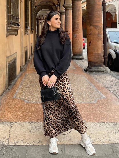 Faldas largas con estampado de leopardo para mujer, elegantes, holgadas, de cintura alta, estilo midi, informales, de verano