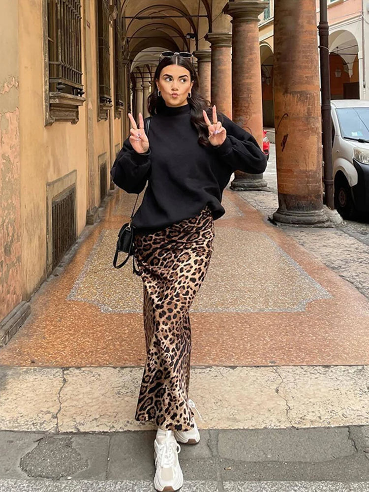 Faldas largas con estampado de leopardo para mujer, elegantes, holgadas, de cintura alta, estilo midi, informales, de verano