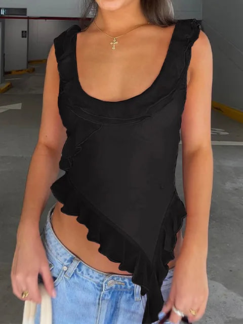 Fashion O-neck Sleeveless Tank Top Sexy Ruffles Backless Irregular Crop Tops 2025 Summer Casual Streetwear Women Camis