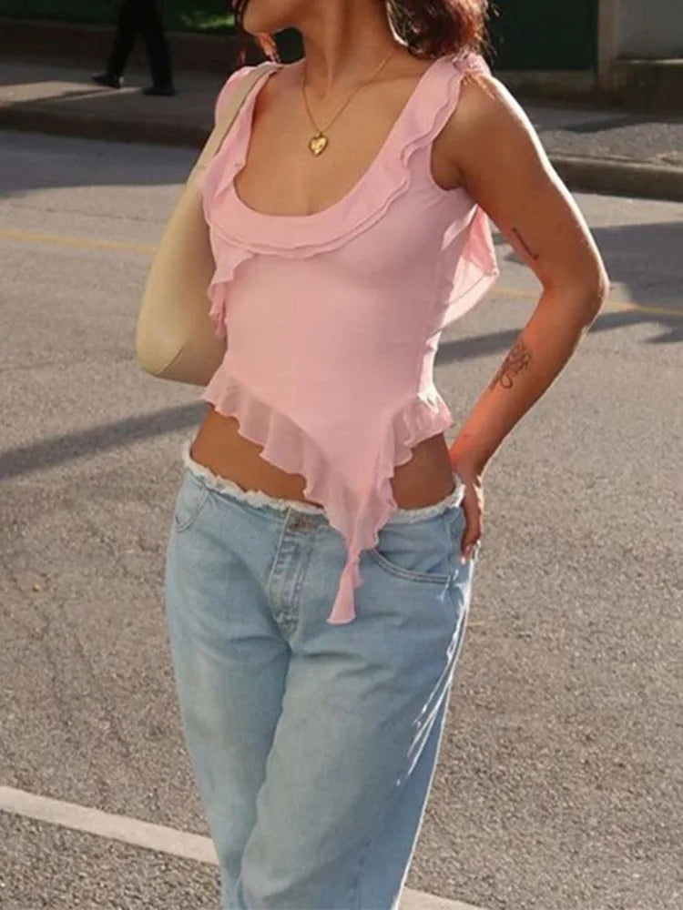 Fashion O-neck Sleeveless Tank Top Sexy Ruffles Backless Irregular Crop Tops 2025 Summer Casual Streetwear Women Camis