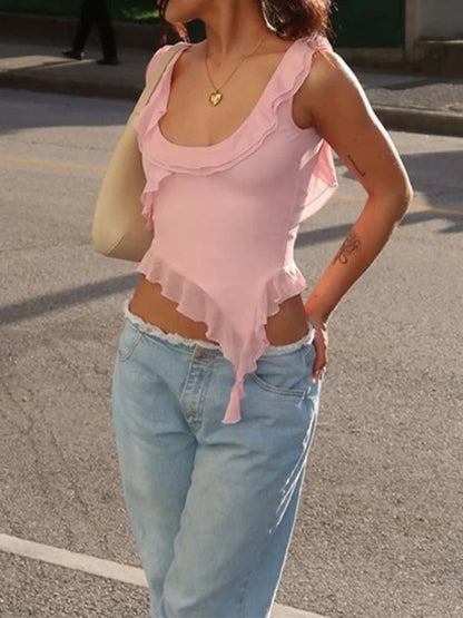 Fashion O-neck Sleeveless Tank Top Sexy Ruffles Backless Irregular Crop Tops 2025 Summer Casual Streetwear Women Camis