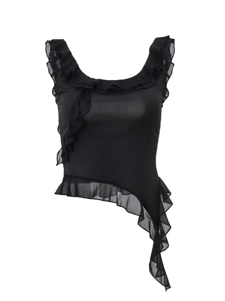 Fashion O-neck Sleeveless Tank Top Sexy Ruffles Backless Irregular Crop Tops 2025 Summer Casual Streetwear Women Camis