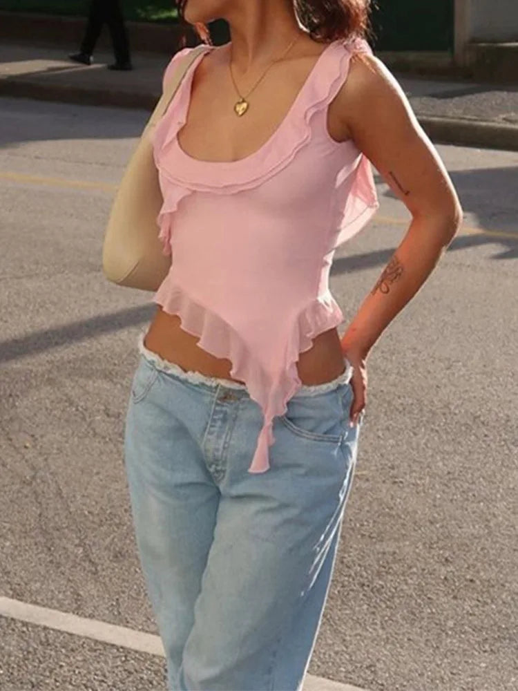 Fashion O-neck Sleeveless Tank Top Sexy Ruffles Backless Irregular Crop Tops 2025 Summer Casual Streetwear Women Camis