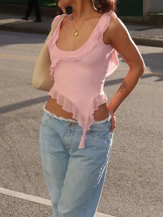 Camiseta sin mangas con cuello redondo a la moda, top corto irregular con volantes y espalda descubierta, ropa de calle informal de verano 2025 para mujer