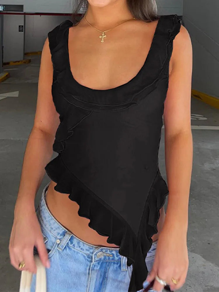 Fashion O-neck Sleeveless Tank Top Sexy Ruffles Backless Irregular Crop Tops 2025 Summer Casual Streetwear Women Camis
