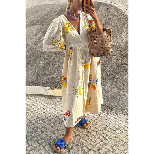 Vestidos estampados de moda para mujer, modernos, abullonados, de manga corta, de un solo pecho, informales, para playa, vacaciones, sueltos, largos, de verano, nuevos vestidos