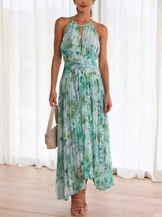 Vestidos de cuello halter con estampado de moda para mujer, vestidos ahuecados con espalda descubierta, pliegues, sin mangas, con dobladillo irregular, vestidos de verano a la moda para mujer, nuevos