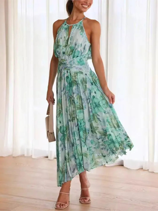 Vestidos de cuello halter con estampado de moda para mujer, vestidos ahuecados con espalda descubierta, pliegues, sin mangas, con dobladillo irregular, vestidos de verano a la moda para mujer, nuevos