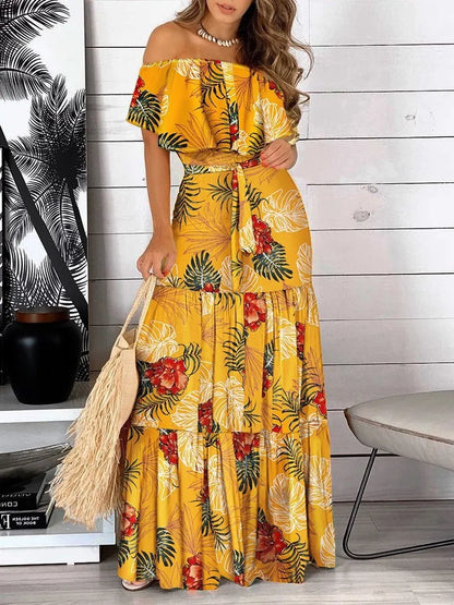 Fashion Print Off Shoulder Long Dresses Women Summer Ruffles One-piece Collar Leace-up Maxi Dress Female Commuting Vestidos New