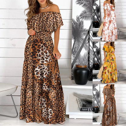 Fashion Print Off Shoulder Long Dresses Women Summer Ruffles One-piece Collar Leace-up Maxi Dress Female Commuting Vestidos New