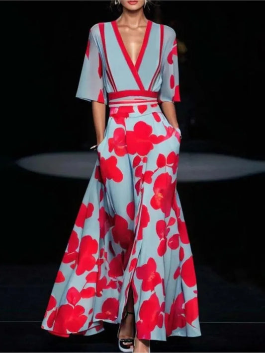 Vestidos largos de fiesta con estampado de moda para mujer, cuello en V, media manga, temperamento, elegante, línea A, vestido de noche para mujer, nuevo vestido de viaje