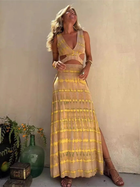 Vestidos largos ajustados sin mangas con estampado de moda para mujer, sexys, con escote en V, espalda descubierta, ajustados, con abertura en la cadera, para vacaciones