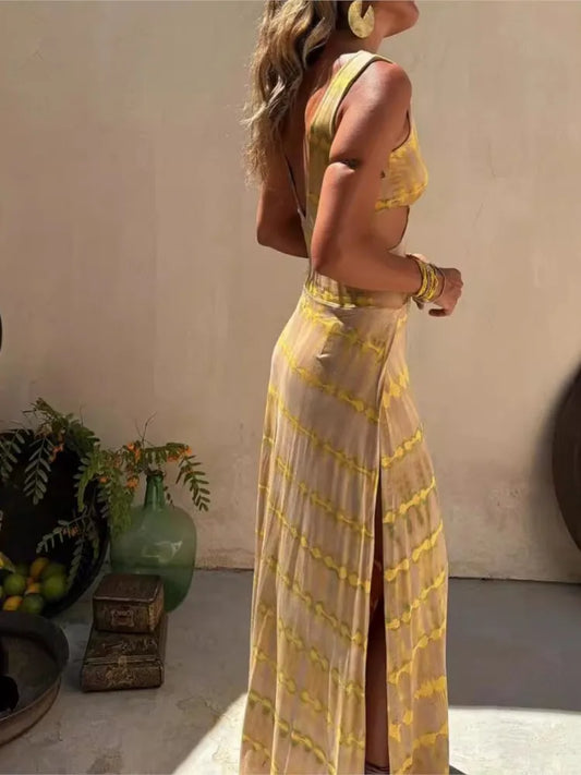 Vestidos largos ajustados sin mangas con estampado de moda para mujer, sexys, con escote en V, espalda descubierta, ajustados, con abertura en la cadera, para vacaciones