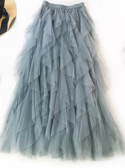 Fashion Tutu Tulle Skirt Women Long Maxi Skirt 2025 Spring Summer Korean Black Pink High Waist Pleated Skirt Female
