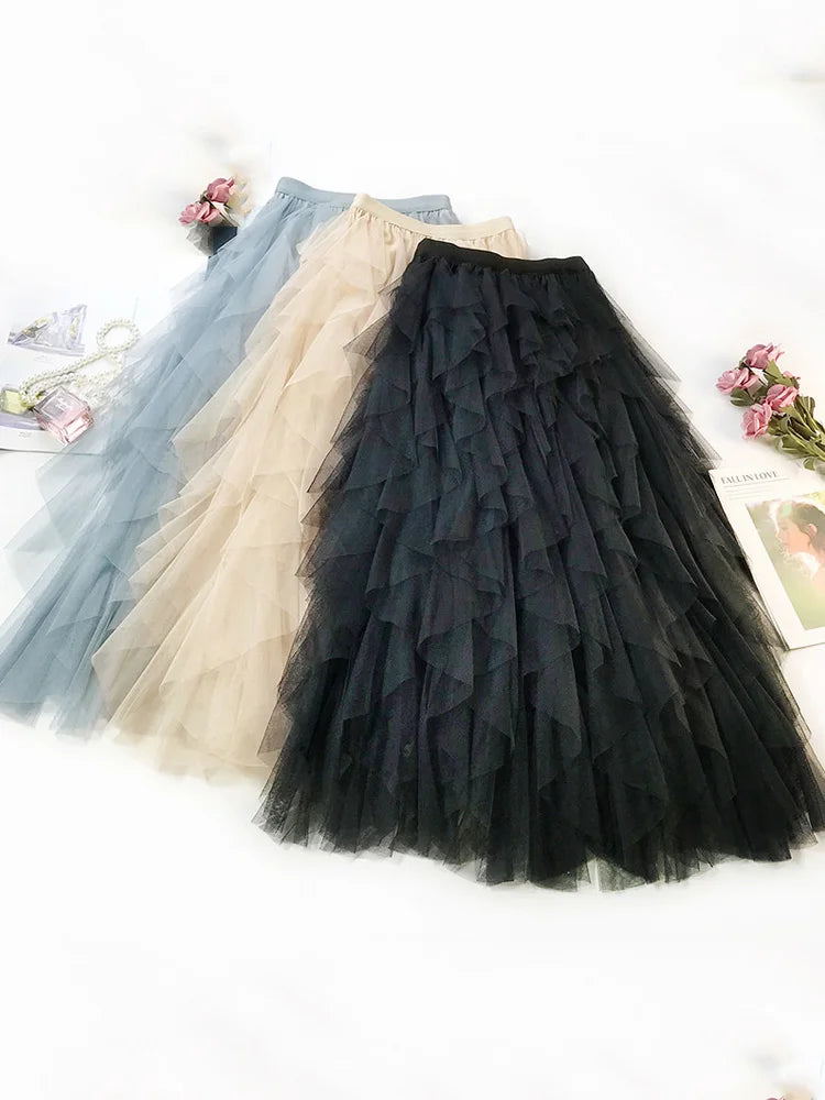 Fashion Tutu Tulle Skirt Women Long Maxi Skirt 2025 Spring Summer Korean Black Pink High Waist Pleated Skirt Female
