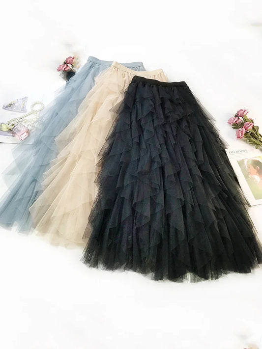 Fashion Tutu Tulle Skirt Women Long Maxi Skirt 2025 Spring Summer Korean Black Pink High Waist Pleated Skirt Female