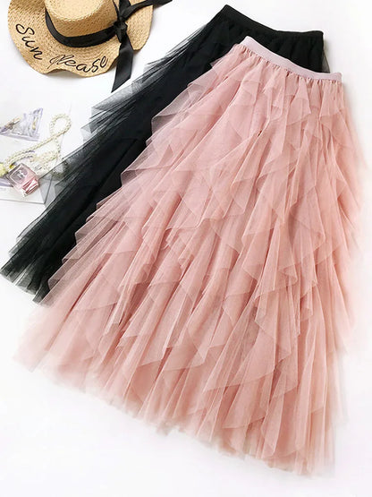Fashion Tutu Tulle Skirt Women Long Maxi Skirt 2025 Spring Summer Korean Black Pink High Waist Pleated Skirt Female