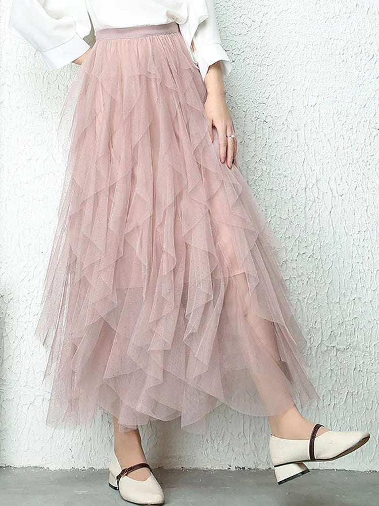 Fashion Tutu Tulle Skirt Women Long Maxi Skirt 2025 Spring Summer Korean Black Pink High Waist Pleated Skirt Female