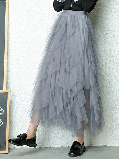 Fashion Tutu Tulle Skirt Women Long Maxi Skirt 2025 Spring Summer Korean Black Pink High Waist Pleated Skirt Female