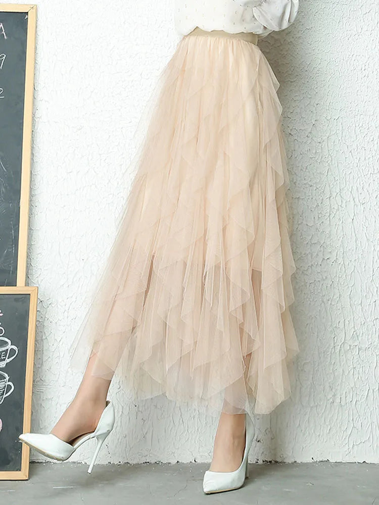 Fashion Tutu Tulle Skirt Women Long Maxi Skirt 2025 Spring Summer Korean Black Pink High Waist Pleated Skirt Female