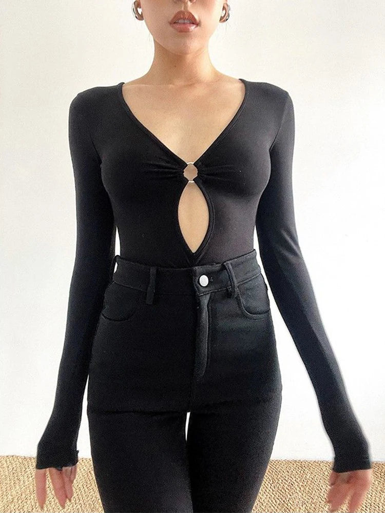 Body de manga larga para mujer, de color liso, con escote en V bajo y abertura, top sexy y picante para chica, ropa de club Y2k