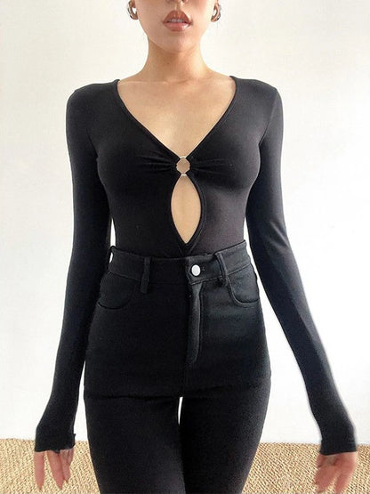 Body de manga larga para mujer, de color liso, con escote en V bajo y abertura, top sexy y picante para chica, ropa de club Y2k
