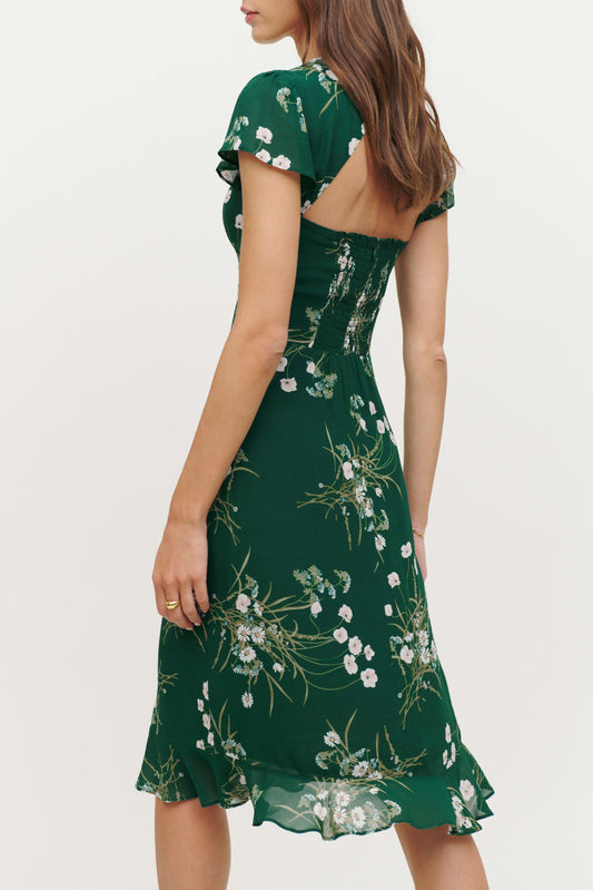 Floral Short Sleeve Square Collar Backless Midi Dress