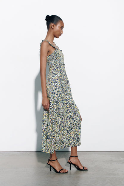 Floral Cami Smocked Elastic Slit Midi Dress