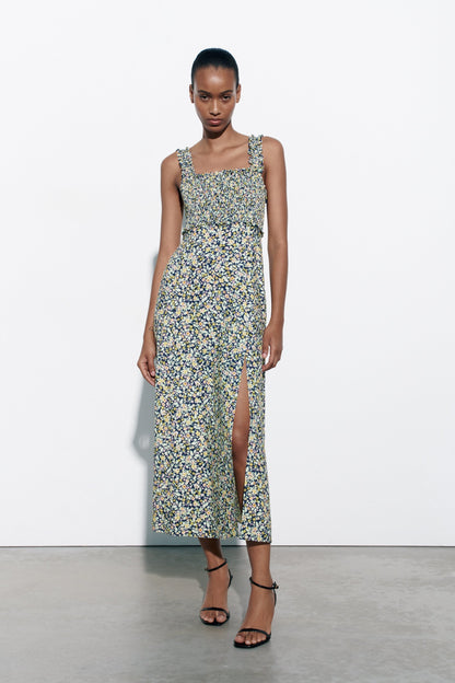 Floral Cami Smocked Elastic Slit Midi Dress