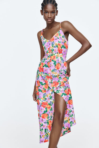 Vestido midi con abertura y tirantes finos y botones florales 