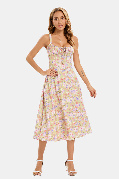Floral Corset Lace Up Slit Midi Dress
