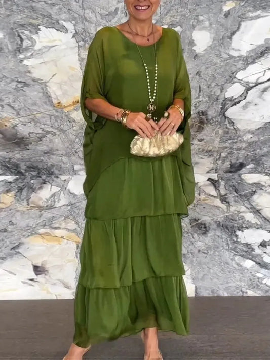 Vestidos de gasa con estampado de flores para mujer, moda de temperamento, cuello redondo, manga murciélago, capas, vestido de pastel, primavera y verano, nuevos vestidos