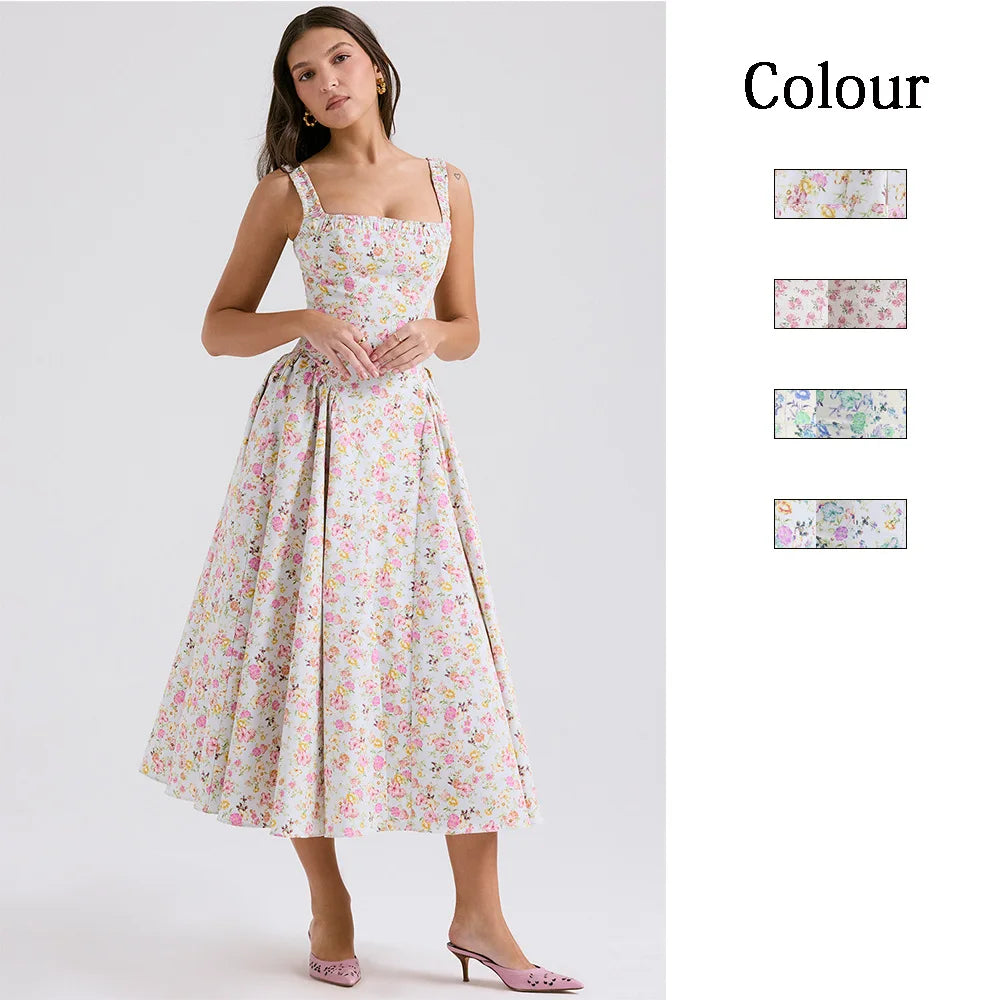 Vestidos de tirantes finos con estampado de flores para mujer, moda sexy, espalda descubierta, corte bajo, pliegues, estilo vacacional, vestido midi ajustado, vestidos femeninos