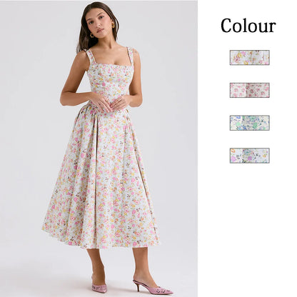 Vestidos de tirantes finos con estampado de flores para mujer, moda sexy, espalda descubierta, corte bajo, pliegues, estilo vacacional, vestido midi ajustado, vestidos femeninos