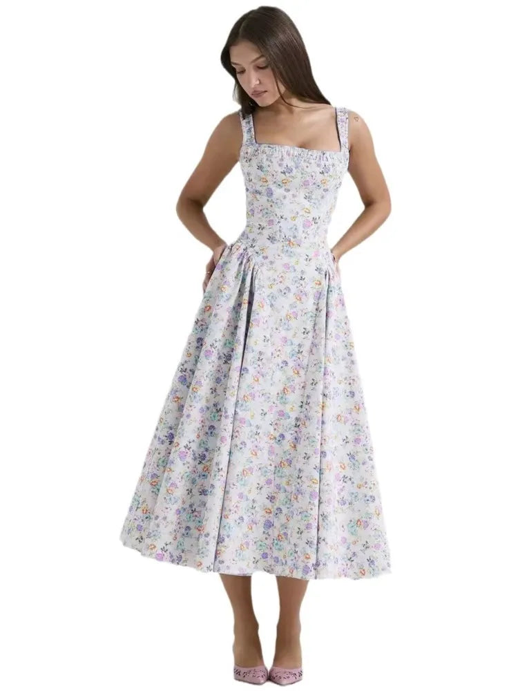 Vestidos de tirantes finos con estampado de flores para mujer, moda sexy, espalda descubierta, corte bajo, pliegues, estilo vacacional, vestido midi ajustado, vestidos femeninos