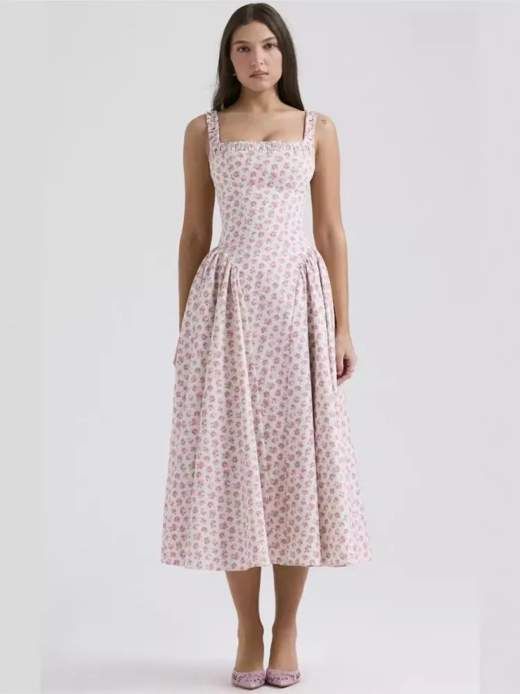 Vestidos de tirantes finos con estampado de flores para mujer, moda sexy, espalda descubierta, corte bajo, pliegues, estilo vacacional, vestido midi ajustado, vestidos femeninos