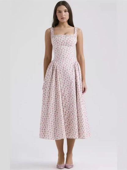 Vestidos de tirantes finos con estampado de flores para mujer, moda sexy, espalda descubierta, corte bajo, pliegues, estilo vacacional, vestido midi ajustado, vestidos femeninos