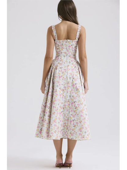 Vestidos de tirantes finos con estampado de flores para mujer, moda sexy, espalda descubierta, corte bajo, pliegues, estilo vacacional, vestido midi ajustado, vestidos femeninos