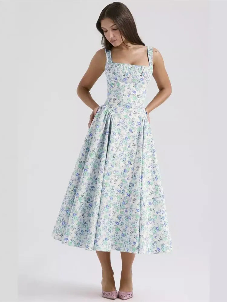 Vestidos de tirantes finos con estampado de flores para mujer, moda sexy, espalda descubierta, corte bajo, pliegues, estilo vacacional, vestido midi ajustado, vestidos femeninos