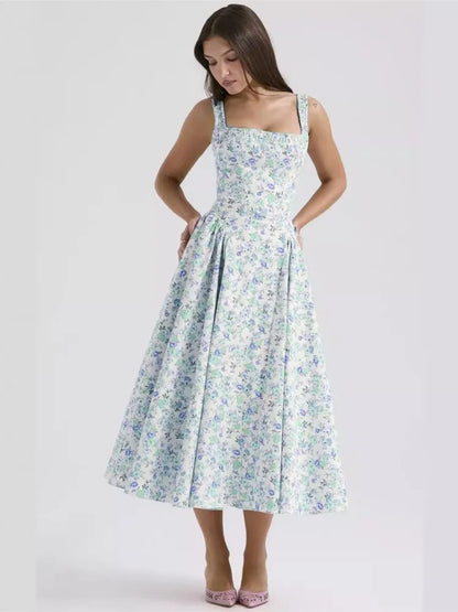 Vestidos de tirantes finos con estampado de flores para mujer, moda sexy, espalda descubierta, corte bajo, pliegues, estilo vacacional, vestido midi ajustado, vestidos femeninos