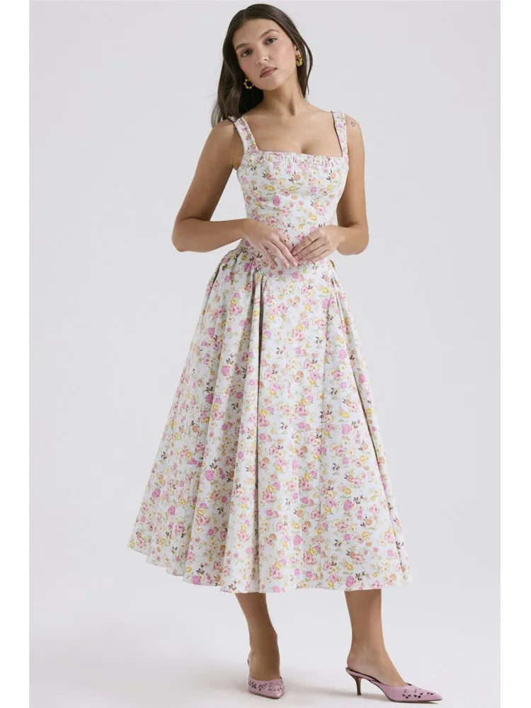 Vestidos de tirantes finos con estampado de flores para mujer, moda sexy, espalda descubierta, corte bajo, pliegues, estilo vacacional, vestido midi ajustado, vestidos femeninos